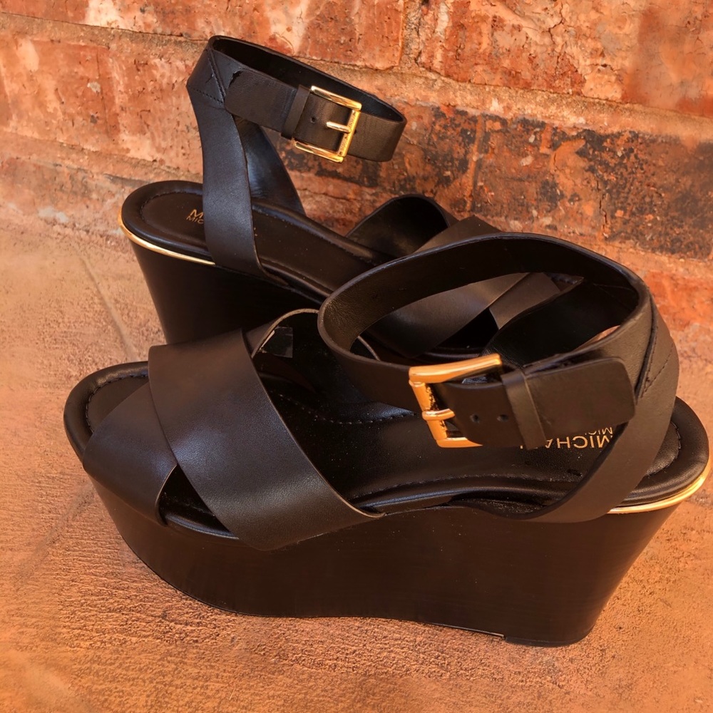 Micheal Kors Black Leather Wedge w/ Gold Details